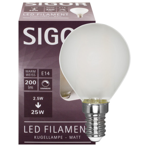 Filament-LED-Lampe, Tropfen-Form, matt, E14/240V/2,5W(25W) dimmbar
