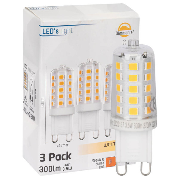 LED-Stiftsockellampe, 3er-Set, klar, G9/3,5W (28W), 300 lm, 2700K, dimmbar