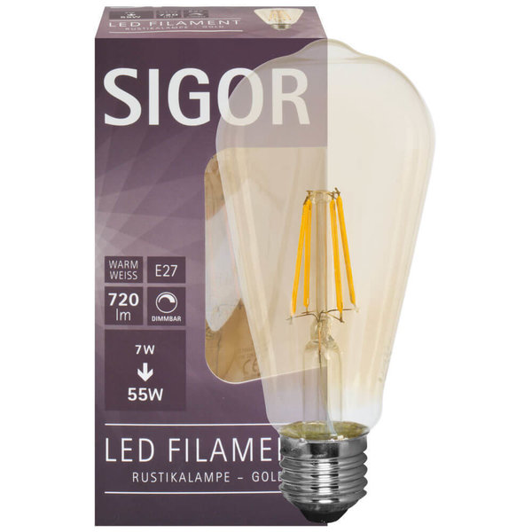 LED-Filament-Lampe Edison-Form, gold, E27, 2400K 7W(55W) 720 lm dimmbar