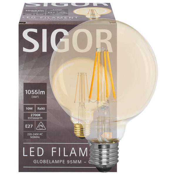LED-Lampe, Globe, gold, E27/10W(70W) L 135, Ø 95 mm dimmbar