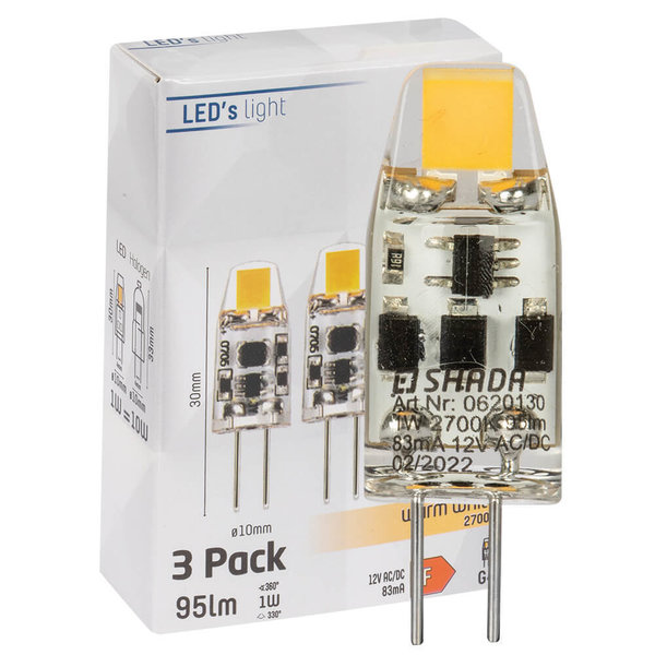 LED-Stiftsockellampe, 3er-Set, klar, G4/12V-AC/DC/1W (10W), 95 lm, 2700K