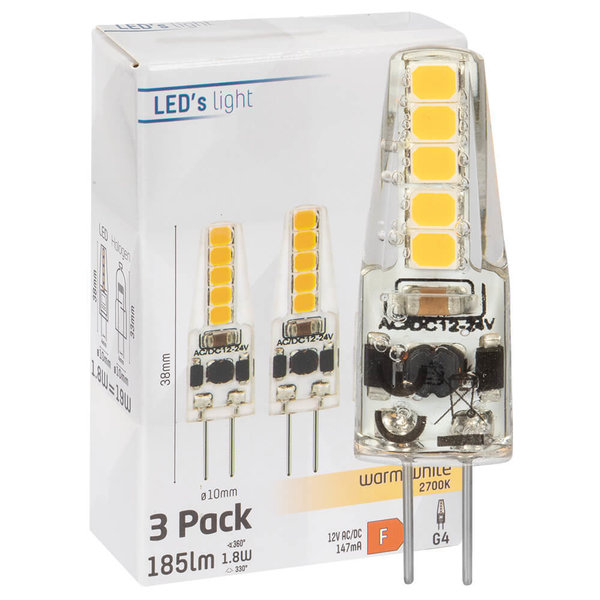 LED-Stiftsockellampe, 3er-Set, klar, G4/12V-AC/DC/1,8W (19W), 185 lm, 2700K